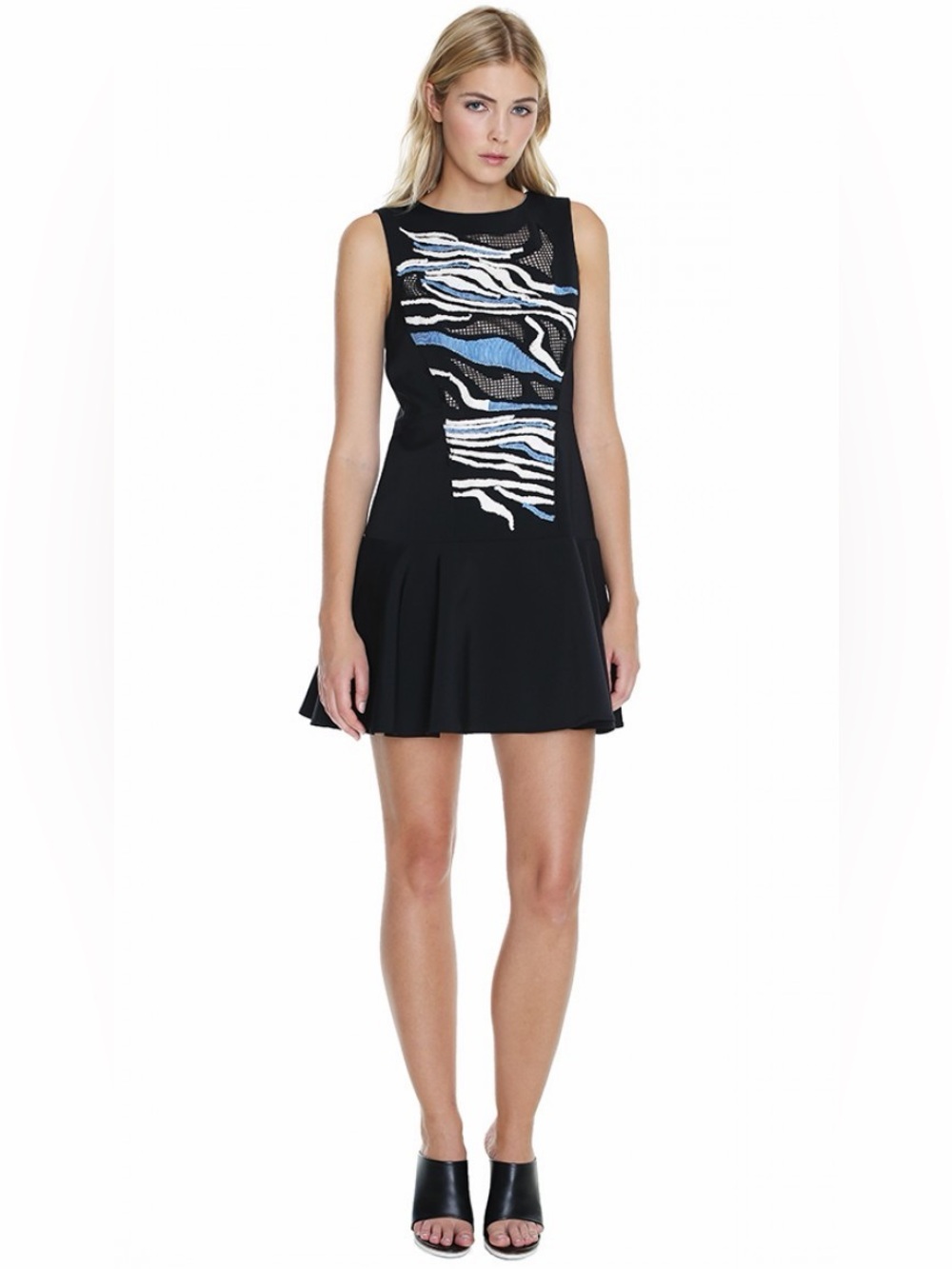 Abstract Panel Tibi Baja black embroidered dress blue embroidery fishnet flared - Picture 1 of 7